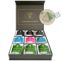 Preview: Exklusive Bio-Tee Geschenkbox mit 9 verschiedenen schwarzen, grünen & weißen Tees,  45 Pyramiden (135g), einzeln kuvertiert