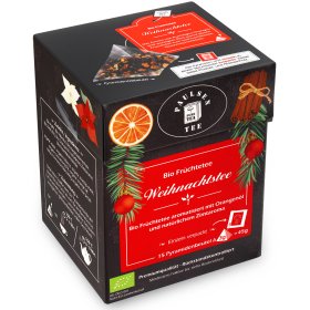 Preview: Bio Früchtetee Weihnachtstee, im Pyramidenbeutel, einzeln kuvertiert - 15 Pyramiden à 3g pro Faltschachtel