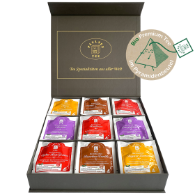 Exklusive Bio-Tee Geschenkbox mit 9 verschiedenen Früchte-, Kräuter - & Rotbuschtees,  45 Pyramiden (127,5g), einzeln kuvertiert