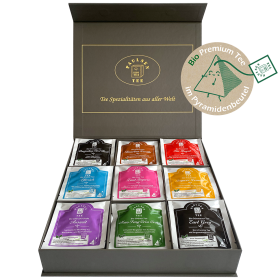 Exklusive Bio-Tee Geschenkbox mit 9 verschiedenen Tees aus aller Welt, 45 Pyramiden (135g), einzeln kuvertiert