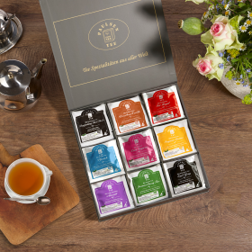 Preview: Exklusive Bio-Tee Geschenkbox mit 9 verschiedenen Tees aus aller Welt, 45 Pyramiden (135g), einzeln kuvertiert