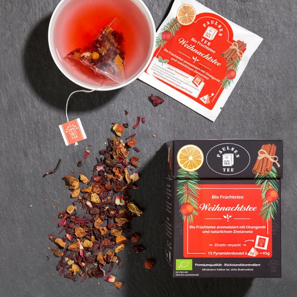 Bio Früchtetee Weihnachtstee, im Pyramidenbeutel, einzeln kuvertiert - 15 Pyramiden à 3g pro Faltschachtel