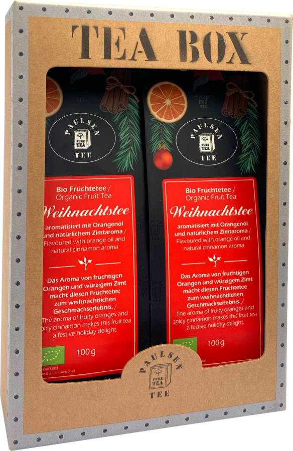 Zwei Weihnachtsfrüchteteetüten in Geschenkbox