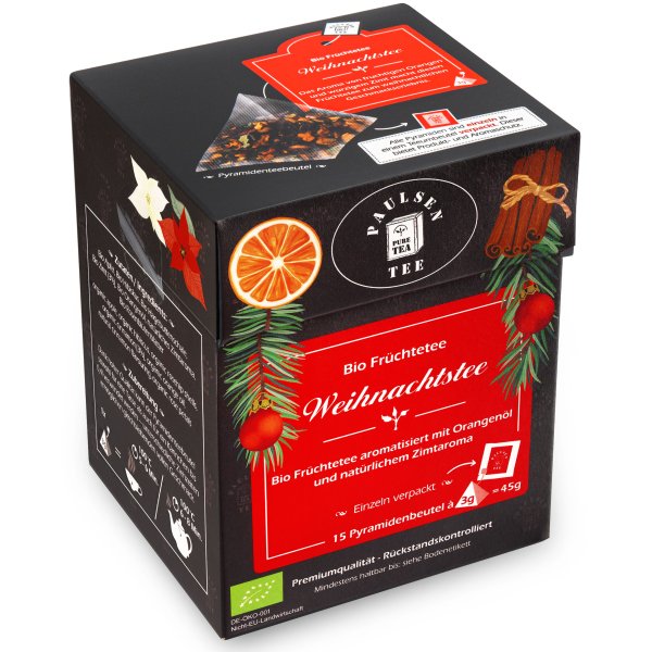 Bio Früchtetee Weihnachtstee, im Pyramidenbeutel, einzeln kuvertiert - 15 Pyramiden à 3g pro Faltschachtel