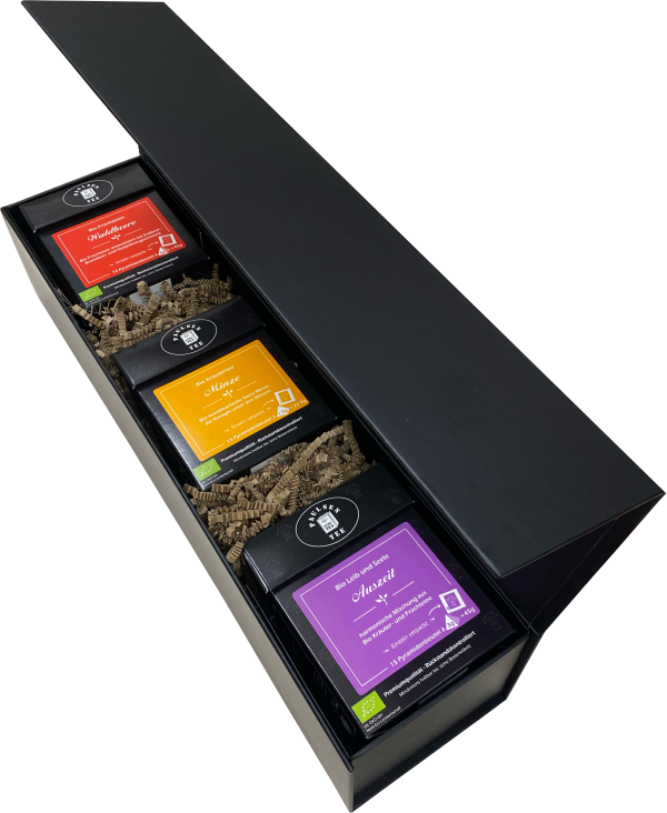 Geschenkkarton mit Magnetverschluss: 3 Faltschachteln aus dem Bio Kräuter- und Bio Früchteteesortiment (112,5g)