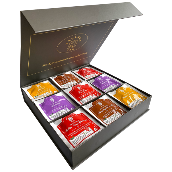 Exklusive Bio-Tee Geschenkbox mit 9 verschiedenen Früchte-, Kräuter - & Rotbuschtees,  45 Pyramiden (127,5g), einzeln kuvertiert