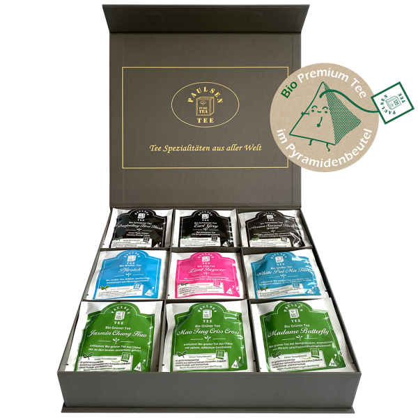 Exklusive Bio-Tee Geschenkbox mit 9 verschiedenen schwarzen, grünen & weißen Tees,  45 Pyramiden (135g), einzeln kuvertiert