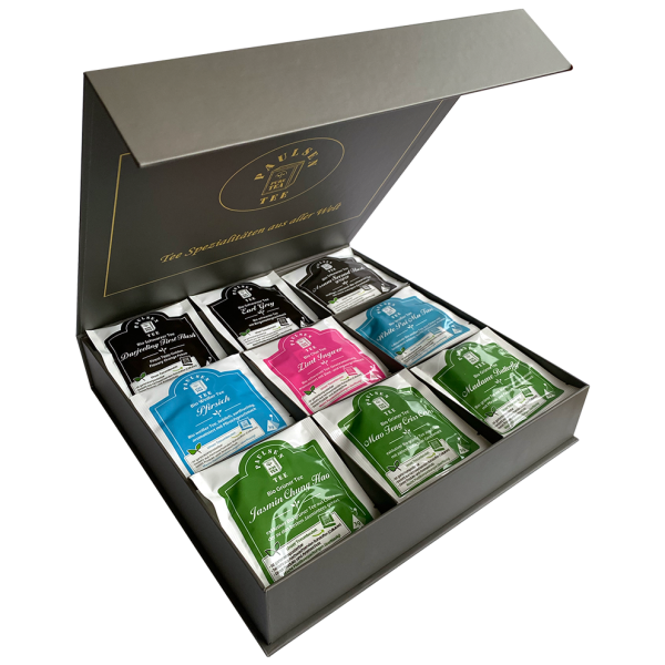 Exklusive Bio-Tee Geschenkbox mit 9 verschiedenen schwarzen, grünen & weißen Tees,  45 Pyramiden (135g), einzeln kuvertiert