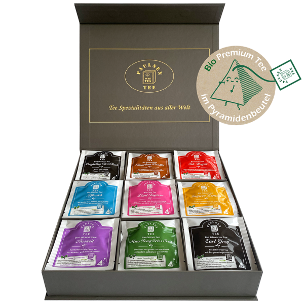 Exklusive Bio-Tee Geschenkbox mit 9 verschiedenen Tees aus aller Welt, 45 Pyramiden (135g), einzeln kuvertiert