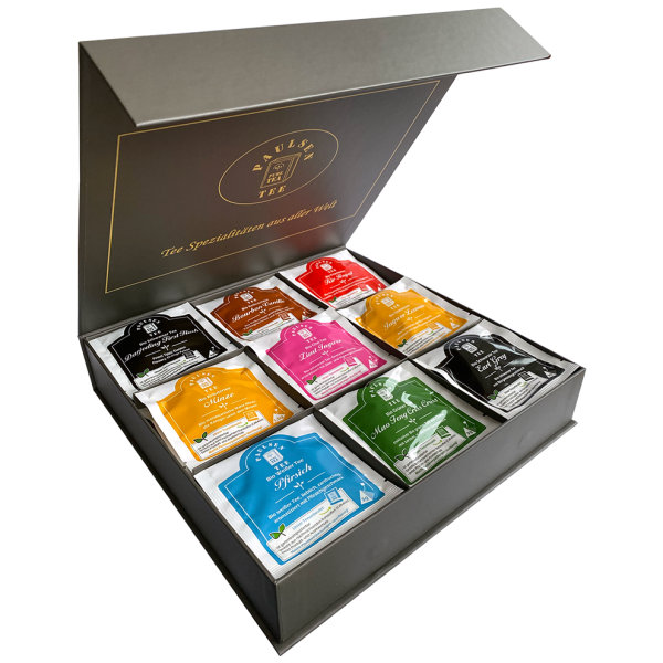 Exklusive Bio-Tee Geschenkbox mit 9 verschiedenen Tees aus aller Welt, 45 Pyramiden (135g), einzeln kuvertiert