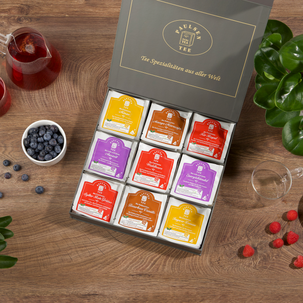 Exklusive Bio-Tee Geschenkbox mit 9 verschiedenen Früchte-, Kräuter - & Rotbuschtees,  45 Pyramiden (127,5g), einzeln kuvertiert