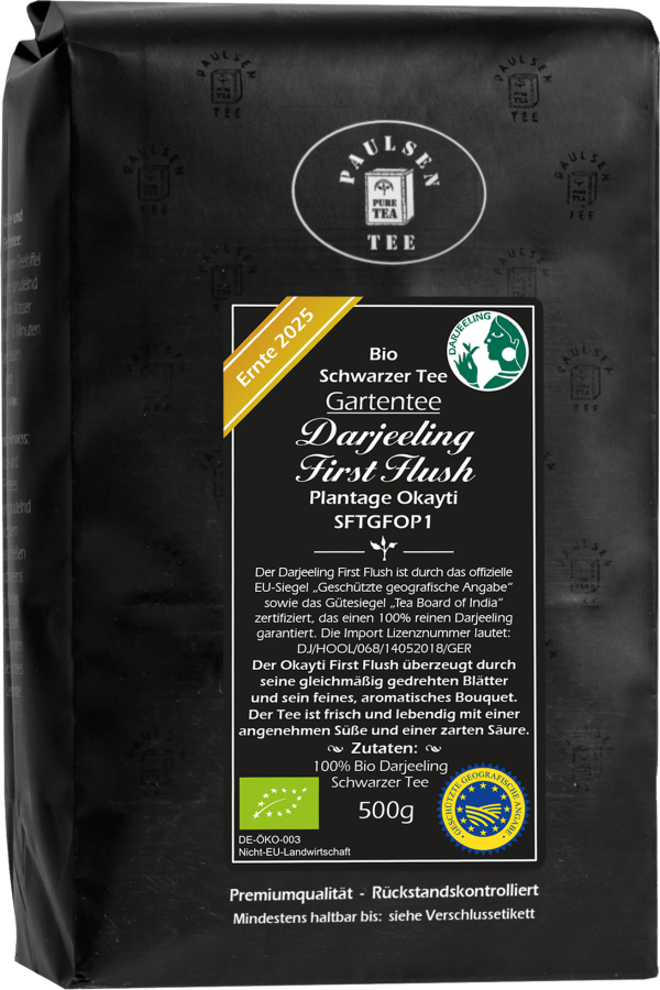 Bio Darjeeling First Flush FTGFOP1, schwarzer Tee, Ernte 2025 - Gartentee - Plantage Okayti